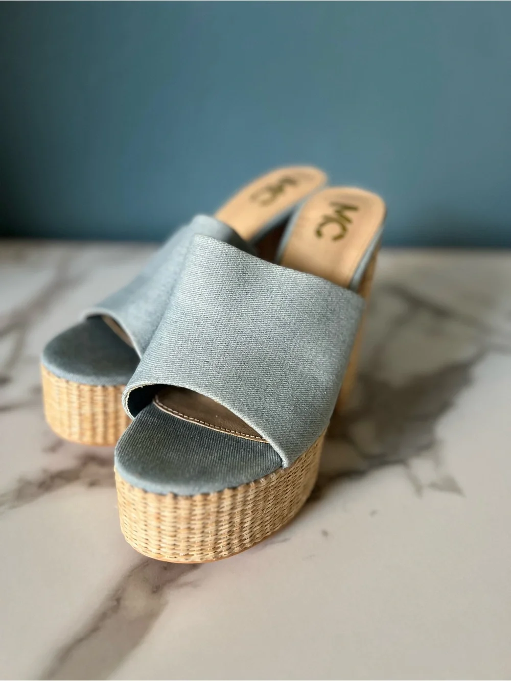 Light Blue Denim Woven Platform Mule Heels - Women's Chunky Slide block Sandals
